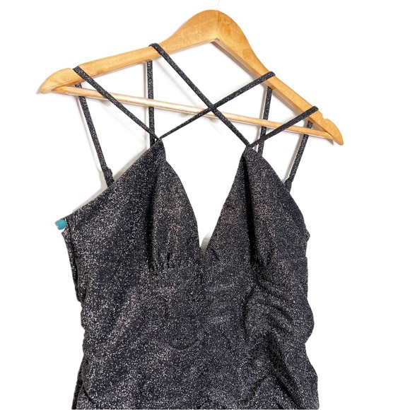 NWT Wild Fable Black Sparkle Ruched Bodycon Mini Dress Spaghetti Straps V Neck - Picture 6 of 16